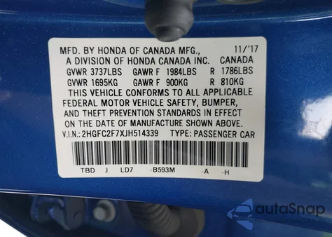 2018 Honda Civic Ex from USA, damaged, VIN 2HGFC2F7XJH514339